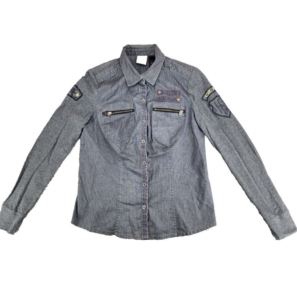 Harley Davidson Womens Shirt Size Smal Gray Linen Military Style Biker